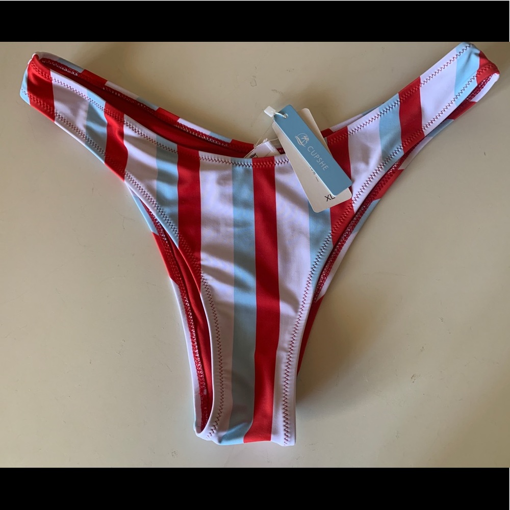 Cupshe red, white, & turquoise striped cheeky bikini bottoms